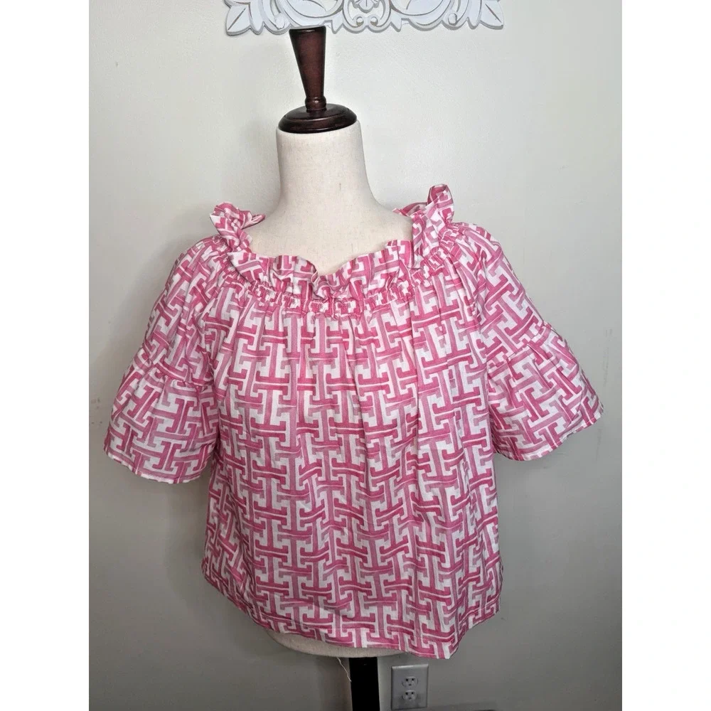 Brooke Wright USA Pink White Geometric Off Shoulder Cotton Peasant Crop Top S